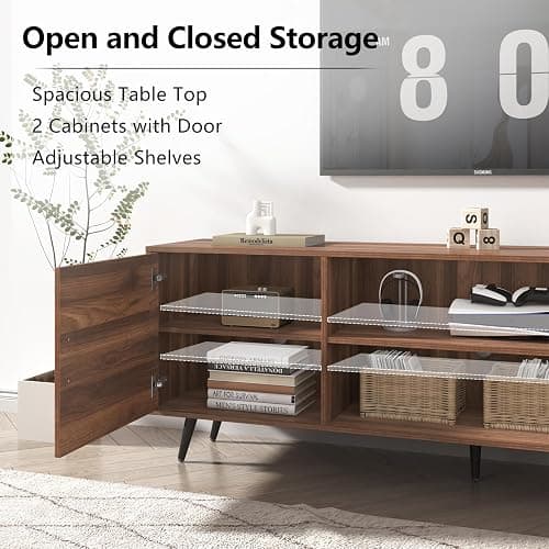 AUXSOUL 70 Inch Mid Century Modern TV Stand for 75 Inch TV, Wood TV Stand with Storage, Entertainment Center for Living Room Bedroom, TV Media Console, Walnut thumbnail 5