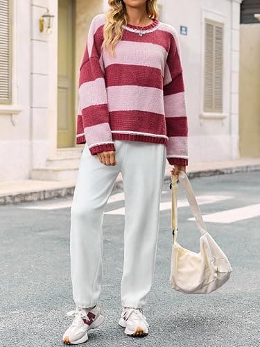 Fisoew Womens Oversized Sweaters Casual Long Sleeve Striped Color Block Crewneck Knitted Loose Fall Pullover Tops thumbnail 5