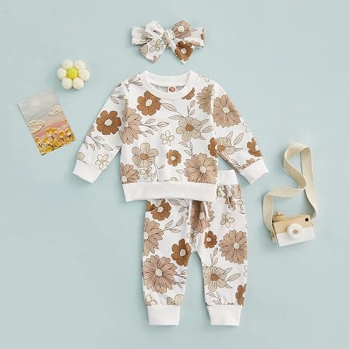 3Pcs Baby Girl Outfits Daisy Sweatshirt + Pants + Headband Infant Fall Winter Clothes thumbnail 5