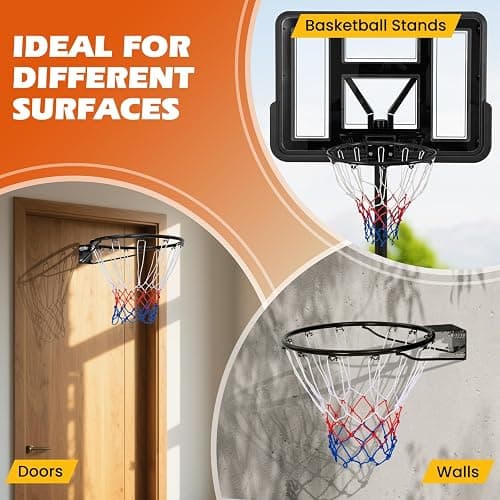 GYMAX Wall Mounted Basketball Hoop, Indoor Outdoor Basketball Rim Replacement with Net, Double Spring and Fixtures, Heavy-Duty Professorial Basketball Ring Goal for Kids Adults (Black, PE Net) thumbnail 7