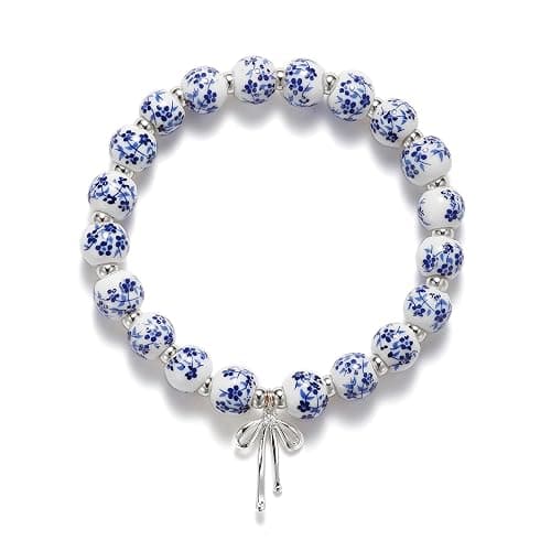 Beaded Bracelets for Women,Bow Charm Blue Flower Gold Plated Jewelry Women - Image 1