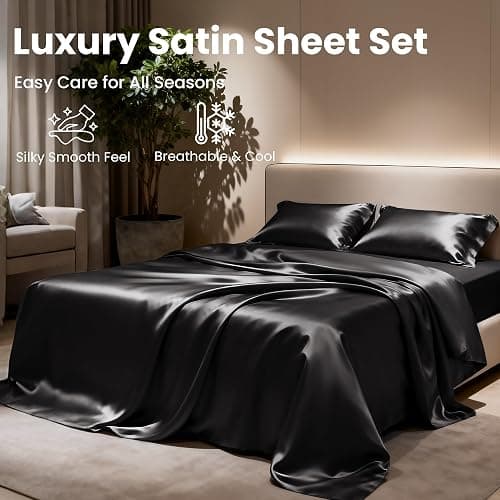 Love's cabin Satin King Sheet Sets - 4 Piece Black Silky Sheets King Size Bed Set with Deep Pocket, Luxury Silk Feel King Size Satin Sheet Set (1 Flat Sheet,1 Fitted Sheet,2 Pillow Cases) thumbnail 8