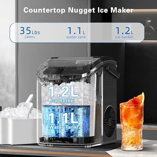 Nugget Ice Makers Countertop with Soft Chewable Pellet Ice, Pebble Ice Maker Machine with Self-Cleaning, 35Lbs/24Hrs, One-Click Operation, Ice Basket/Ice Scoop for Home/Office/Bar/Party, Black - Black(Nugget ice) - Ice Makers Countertop thumbnail 2