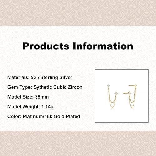BUAEL 925 Sterling Silver Four Zircons Flower Stud Earrings For Women | Double Studs Chain Tassel Piercing Earring | Gold Plated Double Piercing Dangle Chain Earrings Jewelry Gifts for Women Girls thumbnail 5