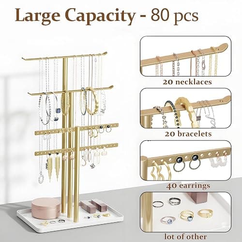 pickpiff Jewelry Stand Holder Organizer: 14.5" Sturdy Hanger for 80 Pcs Jewelry, Gift for Women, Gold Jewlery Tower for Necklace, Earring, Bracelet thumbnail 3