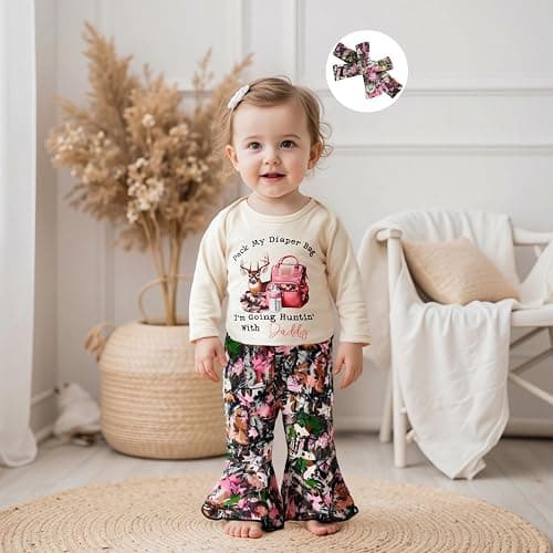 Xnqiwq Newborn Baby Girl Hunting Clothes Deer Romper Jungle Camo Flare Pants Set Headband 3Pcs Infant Fall Winter Outfits thumbnail 3