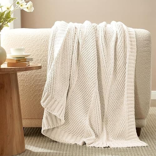 Amélie Home Chevron Chenille Knit Throw Blanket for Couch, Cozy Texture Decorative Soft Blanket for Sofa & Chair, 50"x60", Ivory - Image 1