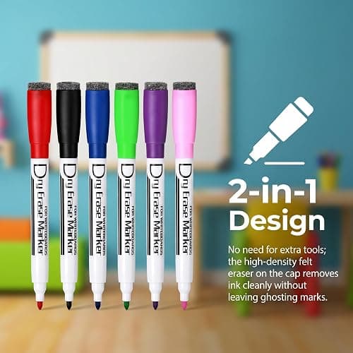Volcanics Colored Magnetic Dry Erase Markers Fine Tip, Low Odor Whiteboard Markers with Eraser Cap, Dry Erase Pens for Calendar, Refrigerator, School, Office, Home, 6 Assorted Colors, Pack of 6 thumbnail 5