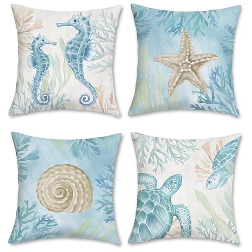 Bonhause Ocean Beach Throw Pillow Covers 18 x 18 Inch Seahorse Turtle Starfish Coastal Outdoor Decorative Pillows Soft Velvet Cushion Cases for Couch Sofa Bed Home Decor Set of 4 - Image 1