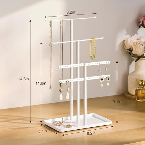 pickpiff Jewelry Stand Organizer, 14.5" Tall Sturdy Metal, 3-TierJewelry Holder for Necklace, Earring, Bracelet, Ring, Hanger for Display and Storage, Aesthetic Room Decor, White thumbnail 3