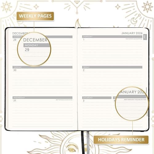 Artfan Diary 2026 - Diary 2026 a5 Week to View, January 2026 - December 2026 12 Months, Premium Leather Cover, Gold Stamp, Accordion Pocket, 25 Note Pages, Black thumbnail 5