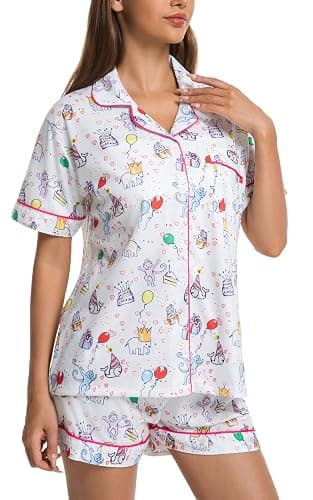 Womens Pajamas Set Button Down 2 Piece Cute Monkey Bunny Y2k Preppy Heart Pjs Sets Lounge Comfy Sleepwear thumbnail 3