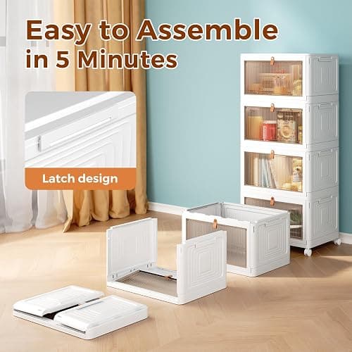 Wise Oannes 4 Tier Storage Bins with Lids, 23QT Stackable Closet Organizers and Storage with Wheels, Collapsible Storage Boxes, Foldable Plastic Storage Containers for Home,Office, Dorm Room - White thumbnail 2