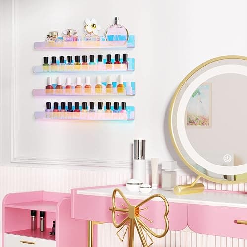 upsimples 4 Pack Acrylic Shelves for Wall Storage, 15" Floating Bookshelves for Kids, Nail Polish Holder, Perfume Display Shelf Organizer for Bathroom, Bedroom, Living Room, Iridescent - 4 - Iridescent thumbnail 7