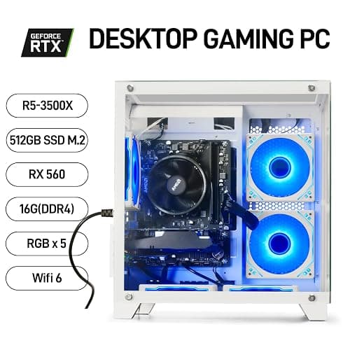 WIWB Prebuilt Gaming PC Desktop | Ryzen 5 6Cores 3.6G Up to 4.1G | RX 560 4G Graphics Card | 16G DDR4 RAM | 512G SSD | Wi-Fi 6 | Tower Computer White thumbnail 2