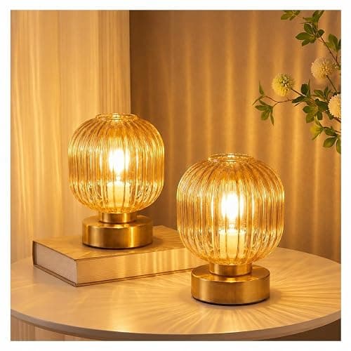 Elenhome Amber Touch Glass Table Lamp Set of 2, 3-Way Dimmable Bedside Lamps, Vintage Mid-Century Modern Nightstand Lamps for Bedroom and Living Room, Ambient Mood Lighting, LED Bulb Included - Image 1