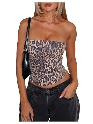 RoseSeek Women's Leopard Cheetah Sequin Strapless Tube Top Glitter Sleeveless Bandeau Crop Tops Night Out Clothes - Image 1
