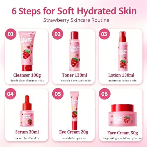 6 Pcs Strawberry Skincare Set for Teens Girls,Gentle Moisturizing Cleansing | Facial Cleanser for Girls 10-12,Daily Skin Care Routine Kit,Teen Girl Gifts Trendy Stuff,Birthday Gifts,Spa day kit for Women thumbnail 5