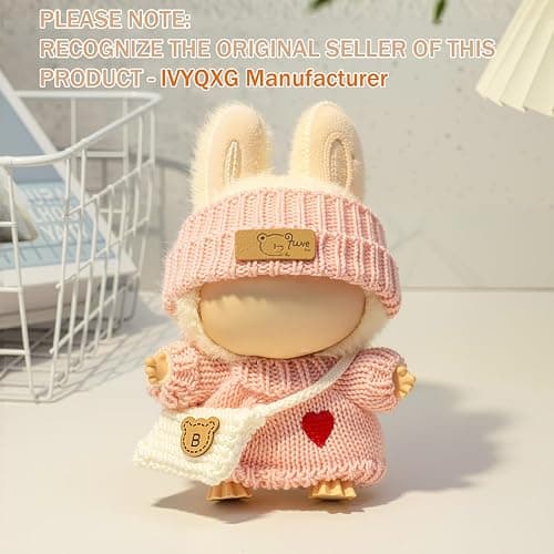 Clothes for LABUBU Doll (NO Doll), 3-Piece Handcrafted Crochet Accessories for LABUBU 17cm Dolls, Premium Outfits for LABUBU Unique Dress up - Heart Sweater + Hat + Bag (Pink) thumbnail 3