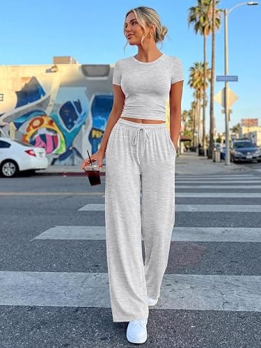 Trendy Queen 2 Piece Matching Summer Lounge Set Womens Side Ruching Top Wide Leg Pants Sets with Pockets thumbnail 6