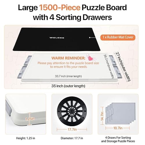 WELGEE 1500 Pieces 2-in-1 Tilting & Rotating Puzzle Board with Drawers and Cover, 35"x27" Portable Spinning Plastic Jigsaw Puzzle Table for Adults, Upgraded Lazy Susan thumbnail 3