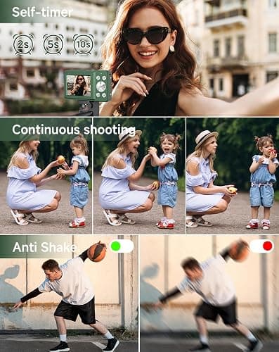 Digital Camera for Kids, FHD 1080P 44MP Point and Shoot Digital Camera with Face Detect, Smile Capture, 16X Zoom, 20 Filters, Anti Shake, 32GB SD Card Green Compact Vintage Camera thumbnail 4