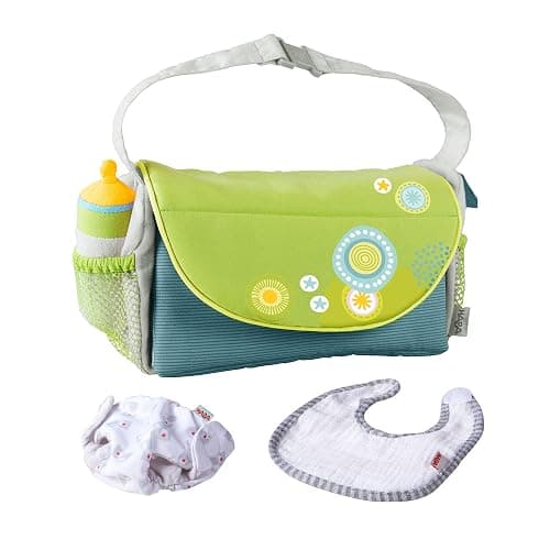 HABA Baby Doll Diaper Bag with Soft Bottle & Reusable Cloth Doll Diapers, Folds into Changing Mat, Summer Meadow Print Toddler Pretend Play Accessories for Ages 18 Months & Up - Image 1