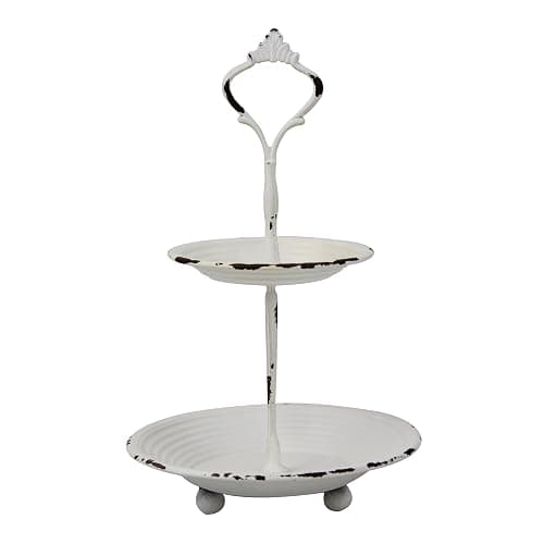 Stonebriar Small 2 Tier Worn White Metal Tray, Rustic Farmhouse Decor, Tiered Jewelry Tray for Vanity or Bathroom, 9.25" - Image 1