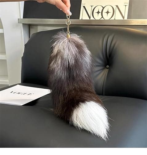 ASkinds Fluffy Fox Tail Fur Keychain Cosplay Toy Party Costume Furry Wolf Tails Handbag Accessory Key Chain Ring Hook for Women(White+Black) thumbnail 5