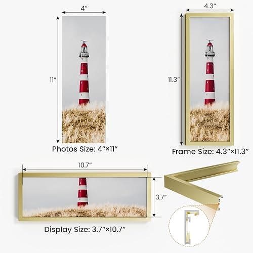 Natural Homi 4x11 Aluminum Metal Picture Frame,Tempered Glass Gold Photo Frame 4x11 for Family Photo,Posters,Art,Document to Wall Mount Horizontally or Vertically thumbnail 2