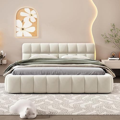 BRILVERDE Upholstered Bed with Slatted Frame and Backrest, Double Bed, Youth Bed, Flat Bed with Padded Border, Padded Bed, Youth Bed Frame, Linen (Beige, 140 x 200 cm) thumbnail 8