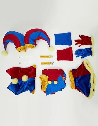 Mobbunny Women's Clown Cosplay Costume Circus Clown Bodysuit Blue Red Bodysuit and Mini Skirt with Gloves and Hat thumbnail 6