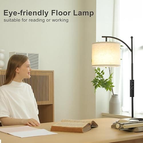 Ambimall 60" Floor Lamp with Remote Control and Stepless Dimmable Bulb, Colors Temperature & Brightness Adjustable, Modern Floor Lamps for Living Room（Beige Shade & Black Pole） thumbnail 3