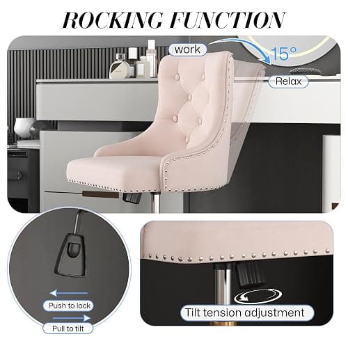 Velvet Armless Home Office Desk Chair, Swivel Height-Adjustable Small Cute Vanity Chair for Women/Girls, Comfy Makeup Chair with Rivet and Gold Base for Living Room, Bedroom(Light Pink) thumbnail 5
