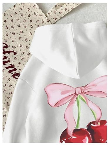 WDIRARA Girl's Cherry Graphic Hoodie Long Sleeve Hooded Sweatshirt Cute Pullovers Tops thumbnail 3