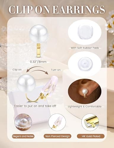 CASSIECA 14K Gold Plated Clip on Pearl Earrings for Women Girls - Long Dangle Pearl Drop Ear Clips for Wedding, Bridal Gifts thumbnail 2