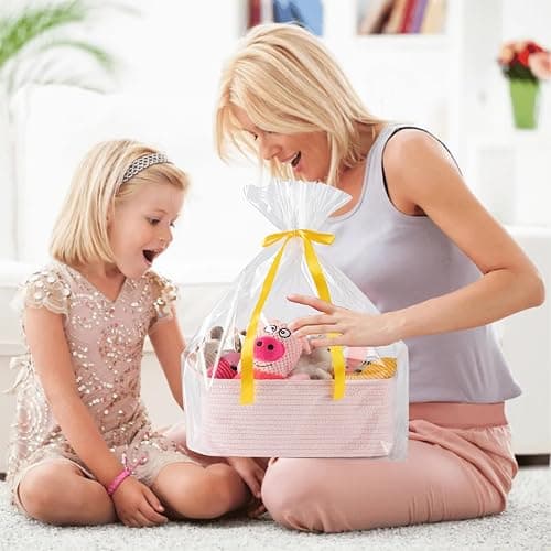 OIAHOMY Woven Basket, Gift Basket Empty with Gift Bags and Ribbons, Rope Baskets for Baby Showers, Storage Baskets with Handles for Nursery, Pet Toy Organizer - Mixed Pink thumbnail 6