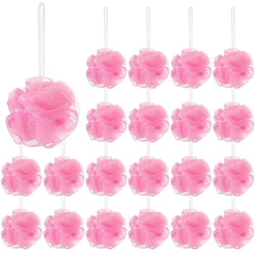 Shellwei 24 Pcs 3 Inch Mini Loofah Travel Size Bulk Shower Sponge, Pink | Pouf Mesh for Women, Kids, Men, Exfoliating, Body Scrubber, Baby Shower Favor - Image 1