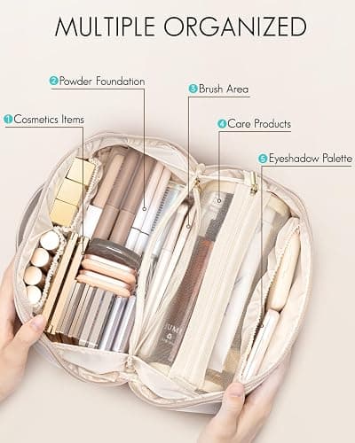 Vlando Large Capacity Travel Makeup Bag - Makeup Bag Travel Toiletry Bag for Women, PU Leather Waterproof Cosmetic Bag, Beige thumbnail 2