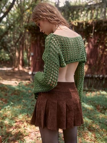 WDIRARA Women's Crochet Crop Tops Hollow Out Knit Shrugs | Y2k Long Bell Sleeve Crop Sweater thumbnail 5