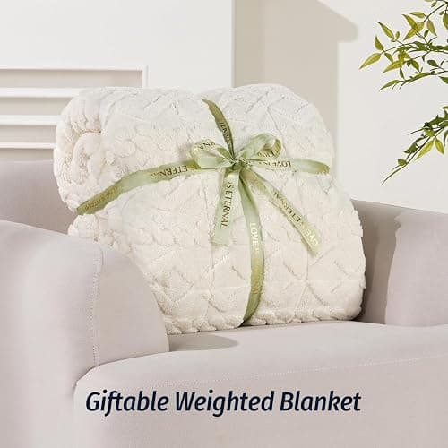 Wemore Weighted Blanket for Adults Twin Size 15 lbs, Dual Sided Soft Fuzzy Jacquard Sherpa Weighted Blankets for Sleeping, Cozy Fluffy Knitted Heavy Blanket for Couch Bed, Cream White, 60 x 80 inches thumbnail 6