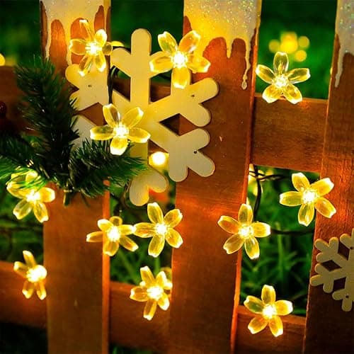 Decorative 100 LED Warm White Cute Cherry Blossom Flower Fairy Light String | 33ft Plug in Yellow Floral Lamp for Bedroom, Wall, Window, Garden, Christmas, Wedding Party, Birthday Banner Hanging Decor thumbnail 8