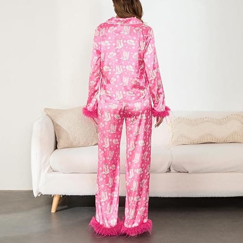 Yiulangde Women's Satin Silk Pajamas Sexy Feather Trim Long Sleeve Button Up Pjs Shirt Sleep Pajama Pants 2 Piece Lounge Sets thumbnail 7
