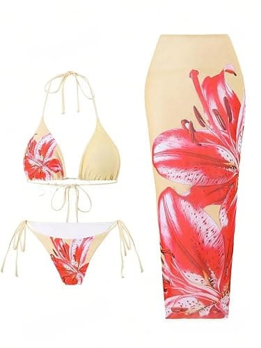 ZAFUL Womens 3pcs Swimsuit Floral Halter Triangle Bikini Top Tie Side Bottom with Long Sheer Cover Up Skirt - Image 1