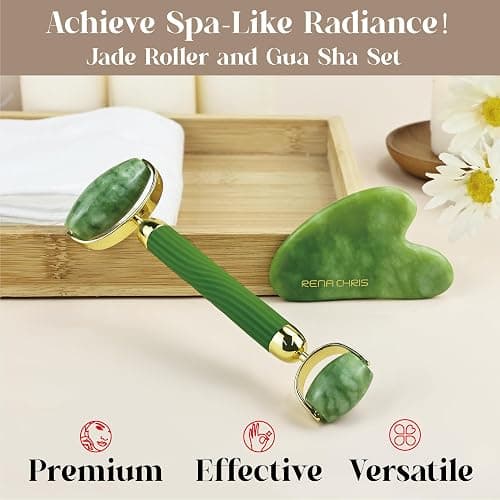 Rena Chris Gua Sha and Face Roller Set: Anti-Breakage Jade Roller for Long-Lasting Use, Jawline Sculpting and Puffiness Reducing, Gua Sha Facial Tools for Self Care Gift (Green) thumbnail 2