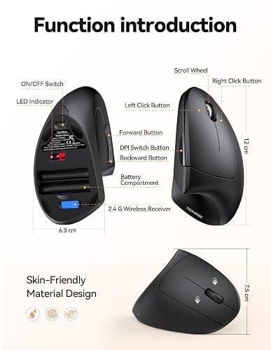 TechRise Ergonomic Mouse, 4800 DPI Wireless Vertical Mouse, 2.4G Optical Computer Mouse with 5 Adjustable DPI, Silent Mouse with 6 Ergo Buttons for PC/Laptop/Mac, Black thumbnail 6
