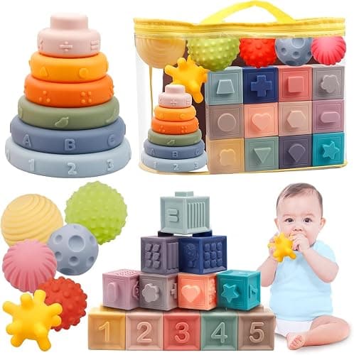 Plunack Baby Toys 6-12 Months Montessori Sensory Toys for Toddlers 3 in 1 Stacking Building Blocks Soft Infant Teething Toys Educational Learning Toys for Babies 3-6-9-12 Months Boys Girls | Food-grade Silicone, Stacking & Nesting Play, Embossed Letters, Numbers, Animals & Shapes, Washable, BPA-free, Teething Safe - Image 1