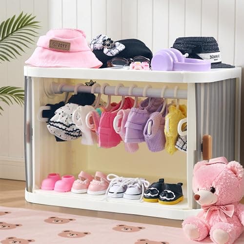 Foldable Doll Wardrobe Closet Storage Box Compatible with Labubu Clothes with 15 Hangers & Rod - Stackable Organizer Cabinet for 15/17cm Doll Clothes with Dust-Resistant Cover and Display Shelf thumbnail 2