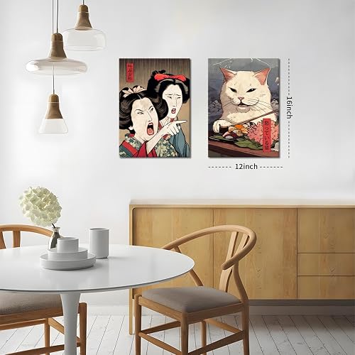Funny Anime Posters Japanese Decor Set of 2 - Woman Yelling at Cat Canvas Wall Art, Vintage Anime Cat Wall Decor for Living Room, Corridor, Kitchen Home Decor - 12x16 in Framed thumbnail 3
