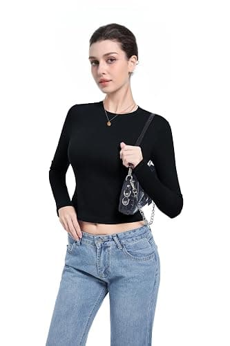 Abonlen Long Sleeve Shirts for Women Crewneck Basic Tees T Shirts Fitted Crop Tops Y2k Going Out Tops thumbnail 4